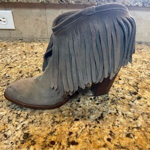 Frye Ilana Gray Fringe Ankle Boots 8